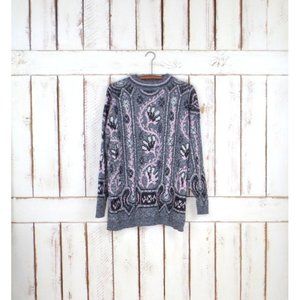 80s vintage black pink grey striped floral slouchy pullover knit sweater